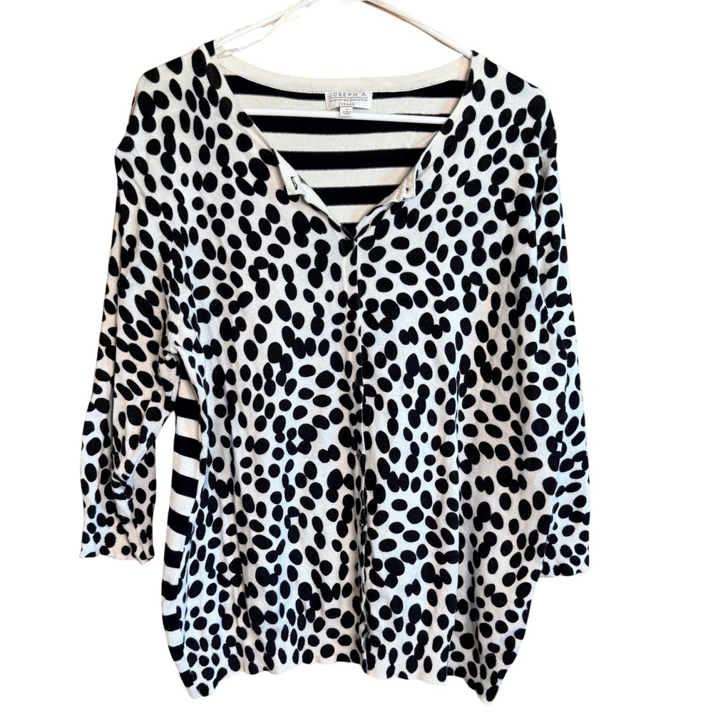 JOSEPH A Womens Fits Large‎ Black White Polka Dot Striped Animal Cardigan
